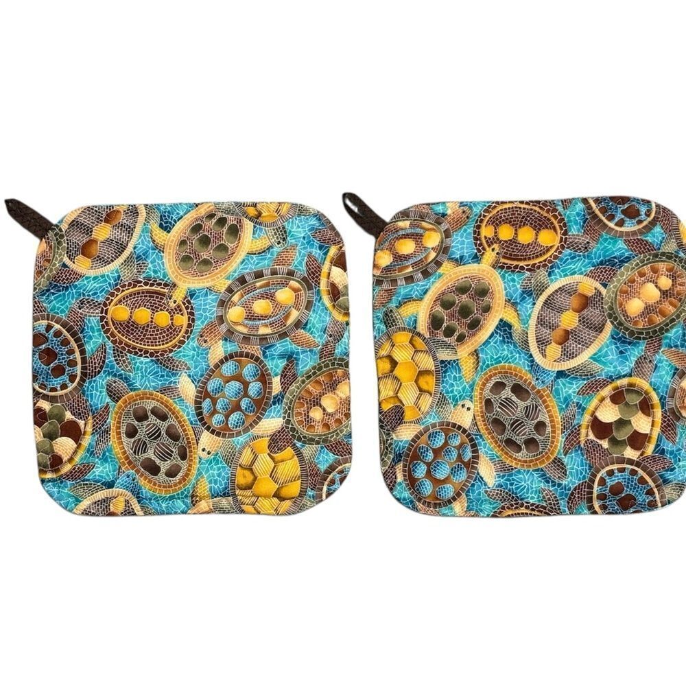 POTHOLDERS, Set of 2, Handmade, SeaTuryles, Teal, Brown, 8”
